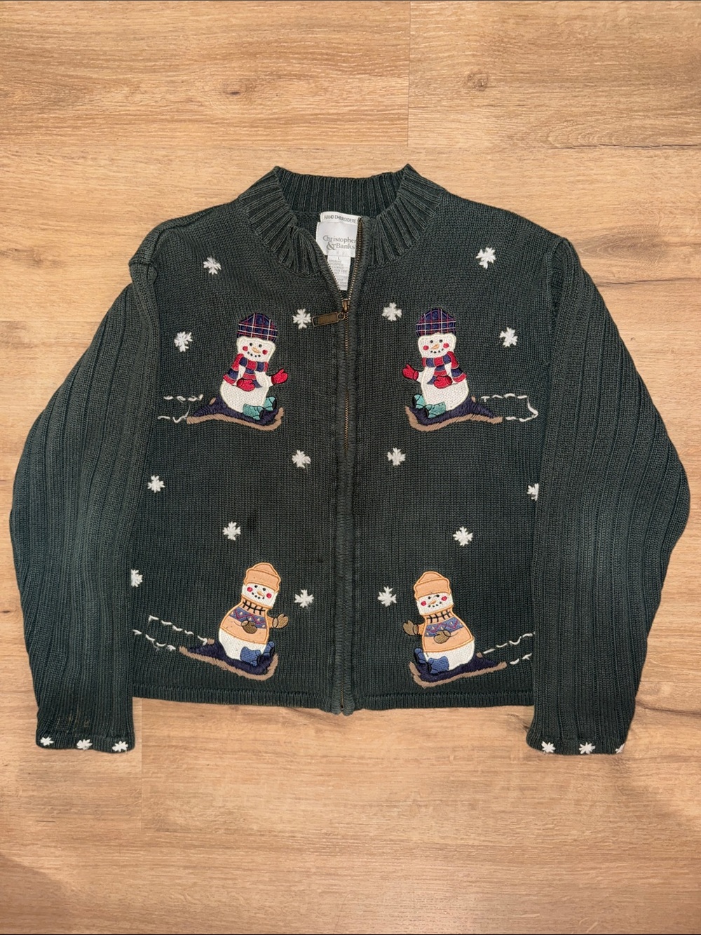 Dark Green Snowman Zip-Up Sweater Jacket